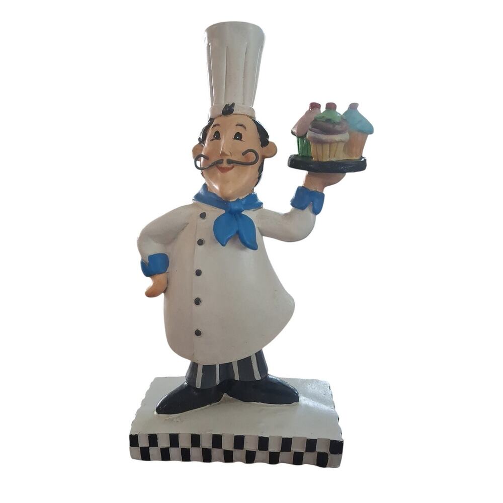 Whimsical Decorative Chef Figurine Holding a small Tray with cupcakes
